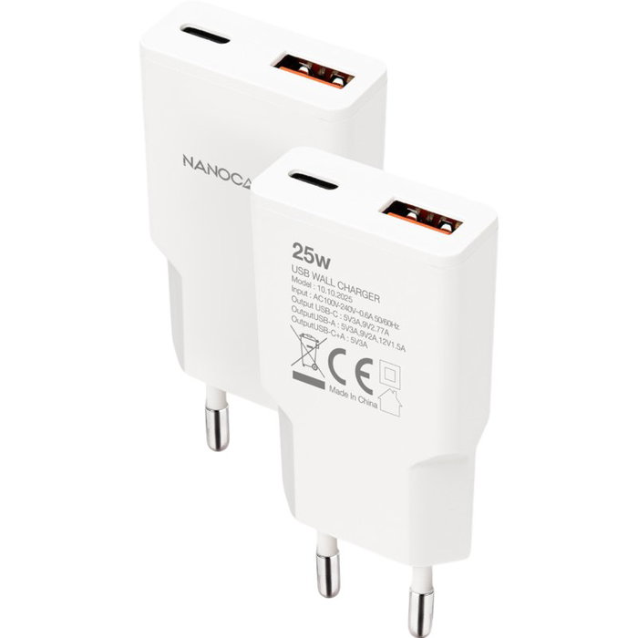Nanocable Cargador de Pared 25W con USB-C PD y USB-A QC, Blanco